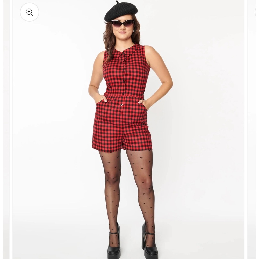 Red and black checkered romper, vintage, pockets